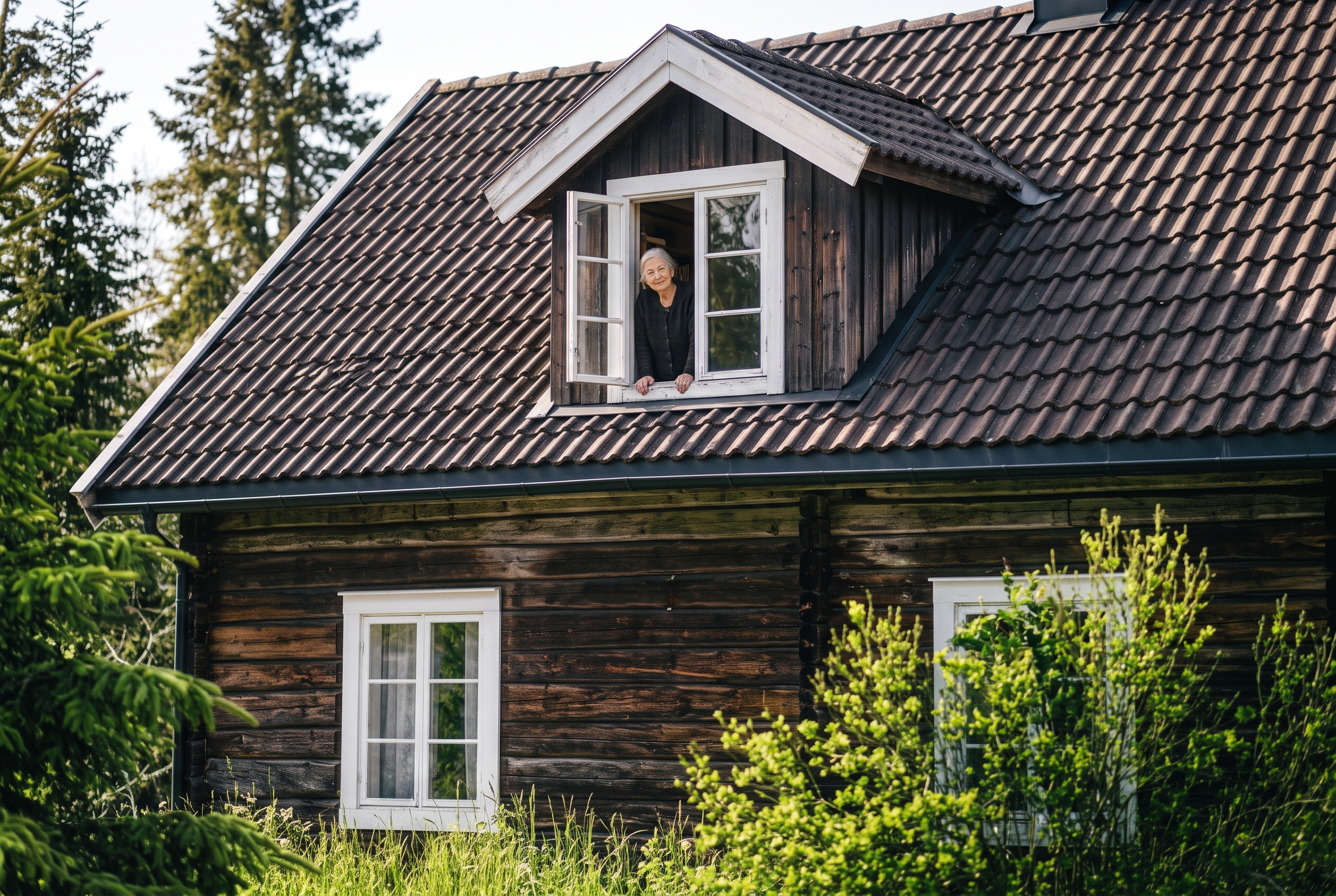 Gammelt hus i sommersol med eldre kvinne i vinduet – om å gi slipp på frykt og finne tilbake til livsgleden.