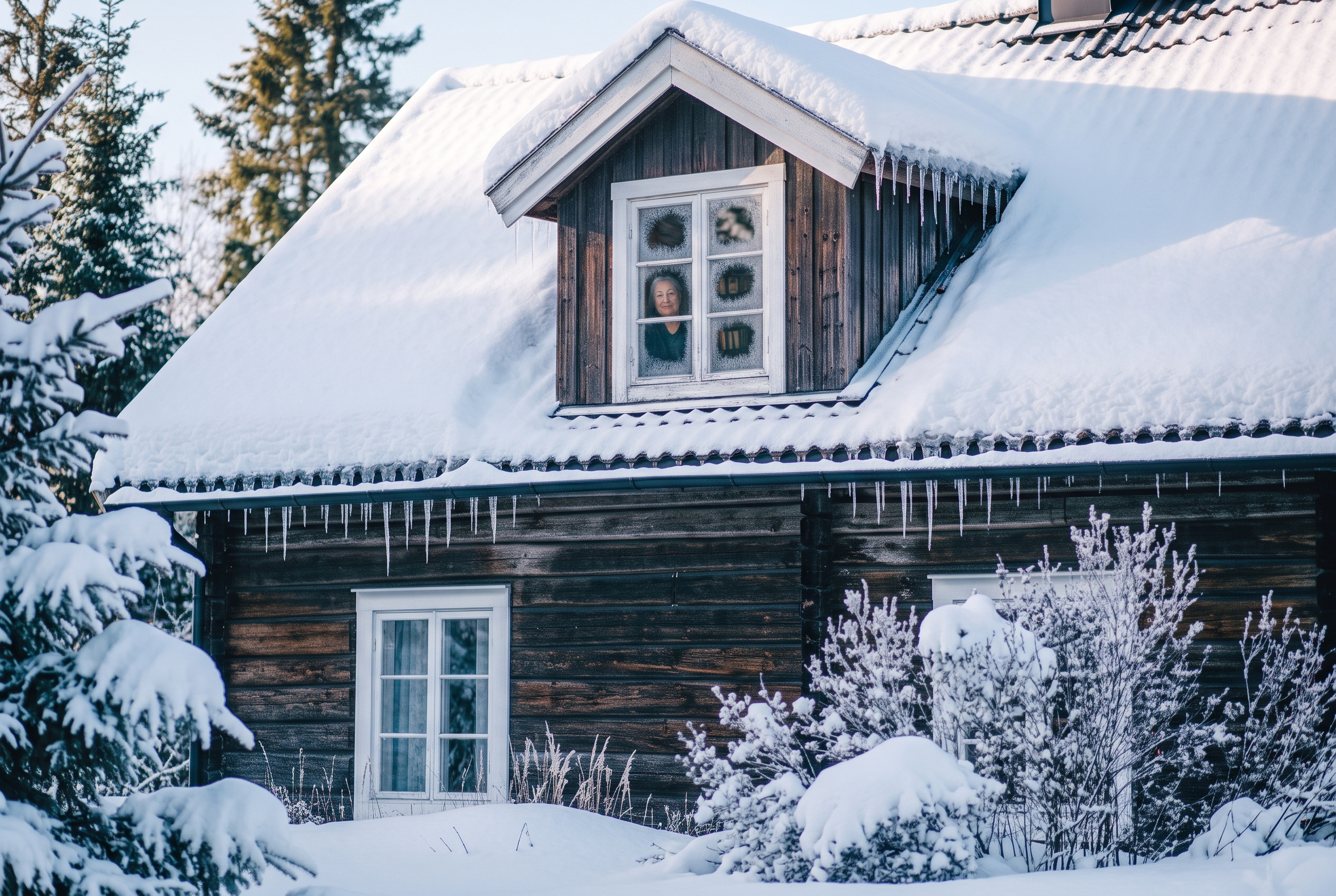 Gammelt hus i snødekt vinterlandskap med eldre kvinne i vinduet, visdom, om å finne mening og indre styrke.